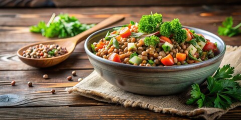 Himalayan lentil salad on wooden table with parsley and dill