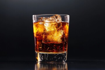 A sophisticated cocktail highlights the rich colors, featuring ice cubes that enhance the drink's appeal and cooling effect