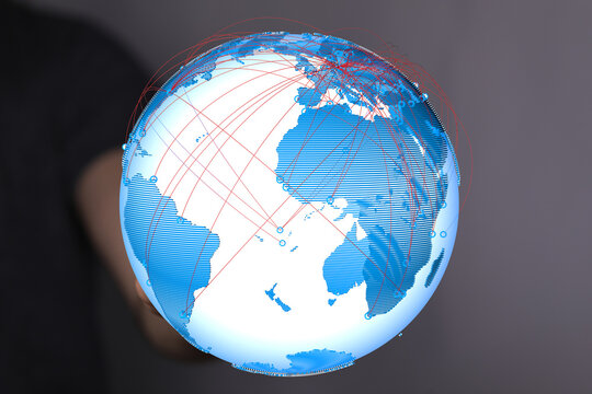A digital globe showcasing interconnectedness, global communication, and data transfer. - Powered by Adobe