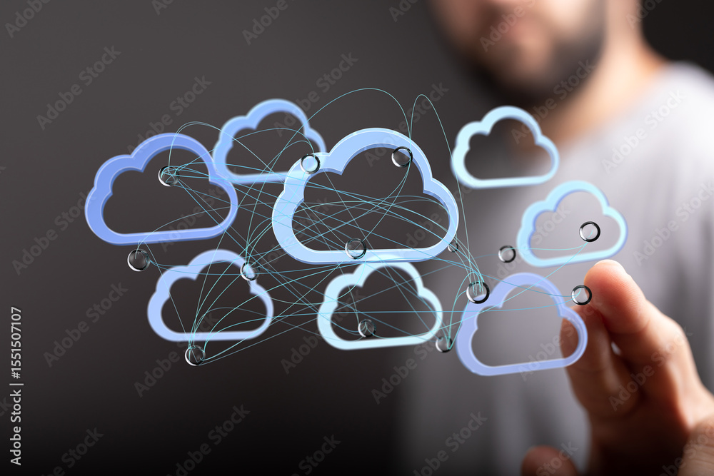 Aufkleber Image depicts a cloud computing network, showcasing secure data storage and sharing. Ideal for technology, business, and IT.