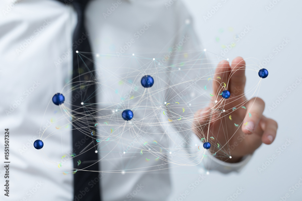 Poster Abstract image of a businessman interacting with a digital network. Ideal for technology, business, and connectivity concepts.