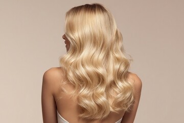 Generative AI, filming the back of an arty, shiny wave blonde woman
