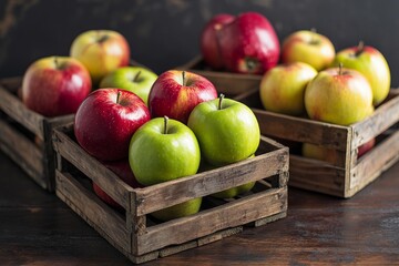 Freshly harvested apples in rustic wooden crates on dark wooden table, showcasing red, green, and yellow varieties