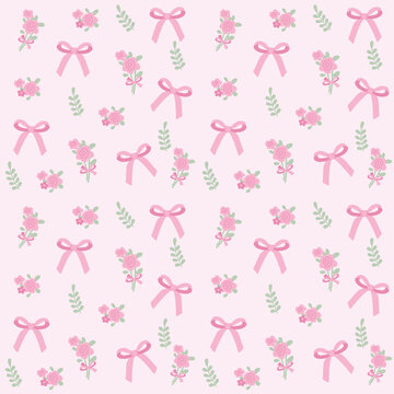 Coquette Ribbon Flower Seamless Pattern.Cute Girly Bow and Floral Pastel Background Design
