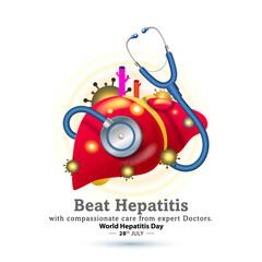 Obraz premium Happy World Hepatitis Day. Doctor medical stethoscope with human liver health care awareness theme and campaign design.