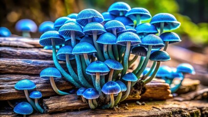 A cluster of vibrant blue fungi growing on a decaying log, showcasing intricate patterns and shapes in the cap and stem