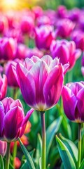 Obraz premium Vibrant pink and purple tulips with intricate patterns and delicate petals in a lush flower field