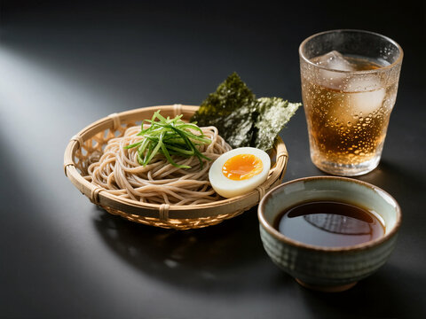 A refreshing serving of chilled soba noodles in a bamboo basket, accompanied by half a soft-boiled egg, nori, and a dipping sauce.
