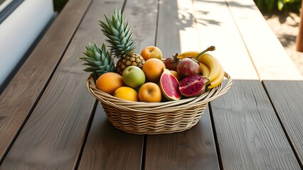 Tropical Fruit Basket on Wooden Table with Natural Outdoor Lighting