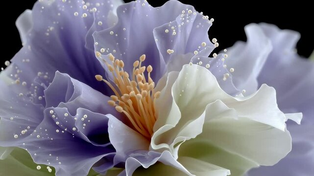 Close-up of delicate flower petals in soft lavender and white hues, showcasing intricate textures and fine details, with droplets of water enhancing the natural beauty and elegance of the floral compo
