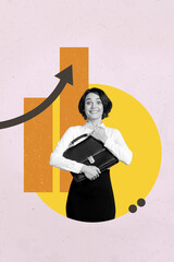 Pop image sketch 3d collage poster of happy businesswoman businessman stand arrow development chart...