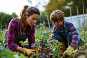 Mother and son planting vegetables in a vibrant garden, teamwork in a green and natural environment