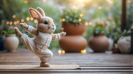 Anthropomorphic rabbit in casual outfit practicing yoga poses on wooden deck surrounded by lush garden greenery