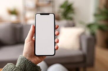 Hand holding smartphone with blank screen in cozy living room