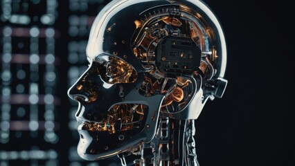 Profile of a Futuristic Chrome Android Head with Intricate Internal Mechanisms