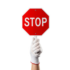 A gloved hand holds a red octagonal stop sign against a transparent background. The sign features bold white letters spelling 'STOP'.