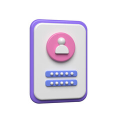 3d rendered icon of a user profile with password fields and a purple border