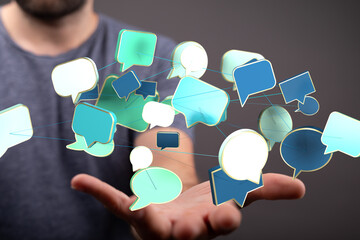 Modern communication concept.  Network of interconnected speech bubbles, representing global...