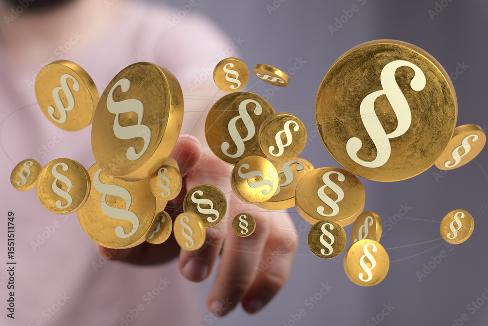 Poster abstract image of golden paragraph symbols hovering near a hand, representing legal concepts.