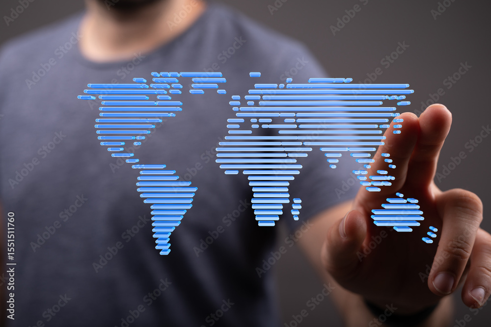 Poster Person interacting with a digital world map, representing global connectivity and networking.