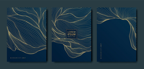 Vector abstract wave, leaves premium line pattern, gold on blue modern background. Art prestigious design cards, royal texture, organic shape.
