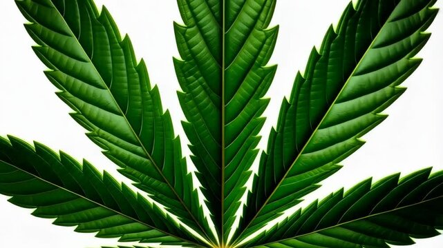Isolated textured green cannabis leaf with pointed tips in a symmetrical star pattern on a clean white background.