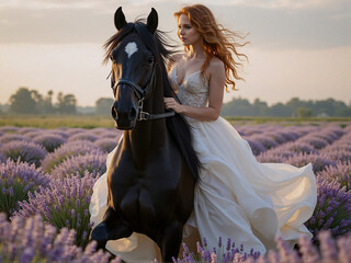 Una mujer escultural cabellera rojiza vestido blanco y cabalga sobre un majestuoso caballo frisón negro por un campo de lavanda al amanecer.