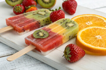 Colorful fruit popsicle with kiwi and strawberry on wooden stick