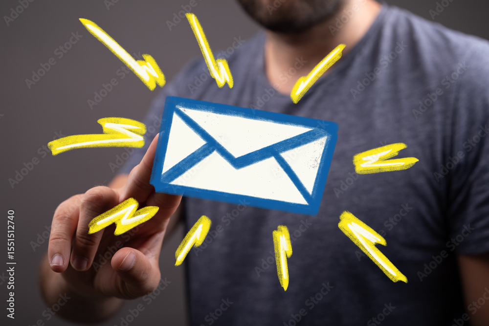 Poster close-up of a person interacting with an email icon, symbolizing digital communication and online me