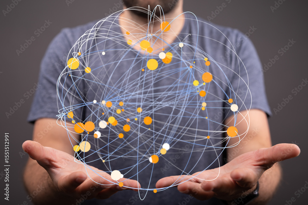 Poster a man's hands hold a digital sphere, visualizing global network connections and data flow.
