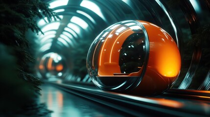 Fototapeta premium These sleek, transparent pods symbolize futuristic transportation, blending technology and design in a captivating corridor filled with ambient lighting and greenery.