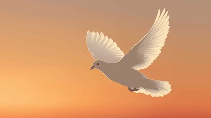 Illustration of White Dove Flying Against Sunset Sky, Symbolizing Peace, Freedom, Hope, and Spirituality, with Warm Light and Soft Gradient Background