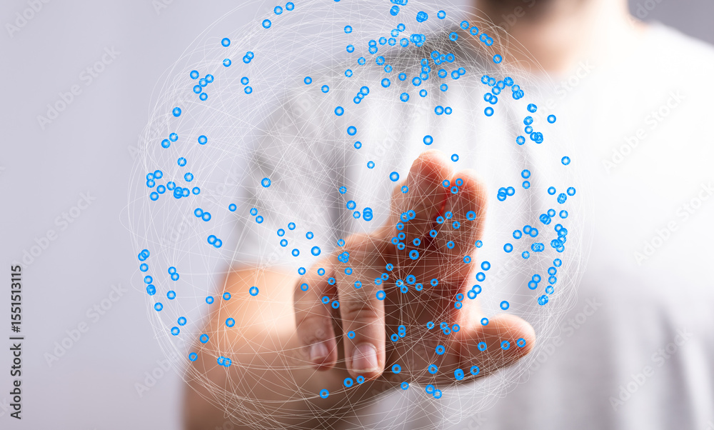 Fototapete abstract image of a hand interacting with a digital network sphere, representing global connectivity