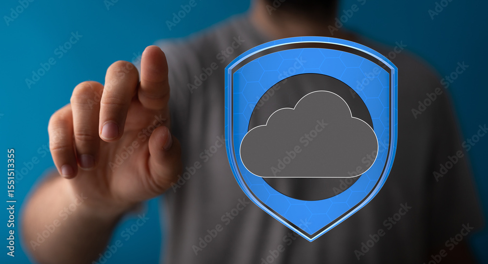 Poster Image of a hand reaching towards a cloud icon protected by a shield, symbolizing secure cloud data.