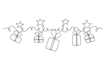 Festive stars and boxes with gift drawn with continuous line in minimalism, one line, Xmas decor. Greeting card, invitation to holiday. Editable vector outline.