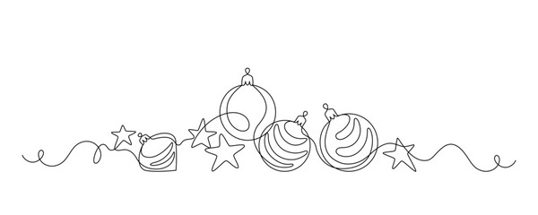 Festive stars and balls drawn with continuous line in minimalism, one line, Xmas decor. Editable vector outline.