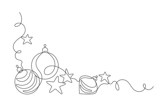 Festive stars and balls drawn with continuous line in minimalism, one line, Xmas decor. Editable vector outline.