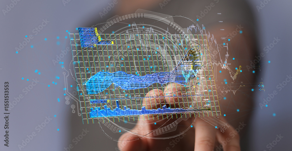 Poster Stock photo of person interacting with a digital holographic display showing data charts and graphs. Perfect for technology, finance, and analytics.