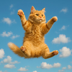 Funny ginger cat jumping in the air against blue sky with clouds

