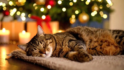 Sleeping Cat Christmas Tree Lights Cozy Home.