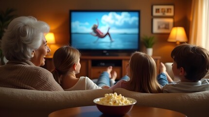 A joyful interaction between a senior woman and young children, as they watch a movie together at home.