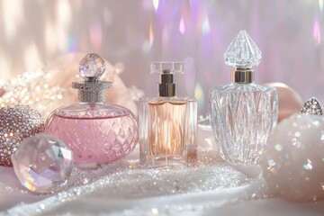 Elegant display of chic perfume bottles luxurious setting high-quality photography soft lighting captivating aesthetics for style enthusiasts