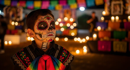 Solemn Mexican Boy with Sugar Skull Face Paint at Day of the Dead