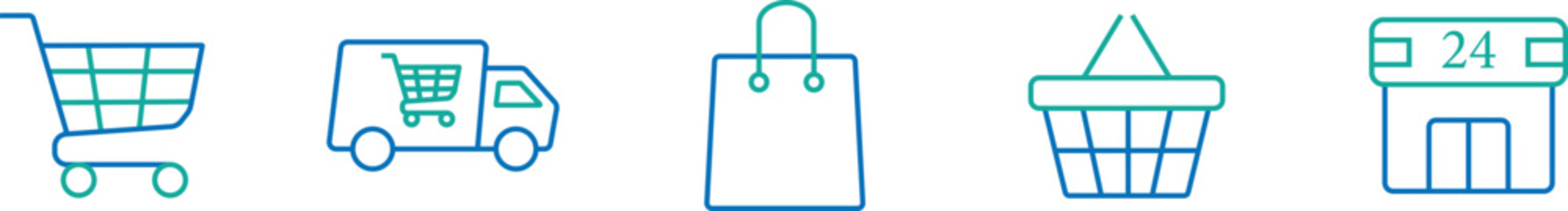 E-Commerce and Shopping Icon Set — Cart, Delivery, Bag, Basket, Store Outline Symbols