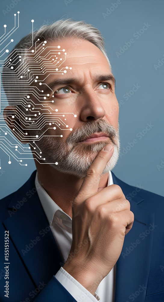 Poster Man with circuit board pattern on face. Artificial intelligence and digital brain. Machine learning and data processing.