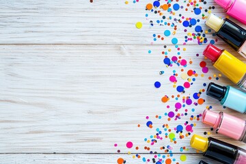 Colorful nail polish bottles displayed with confetti vibrant artistry beauty studio setting top-down view creative expression