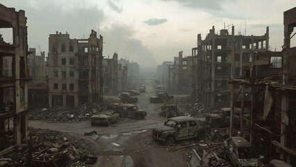 A desolate cityscape, ravaged by war, with ruined buildings and military vehicles.