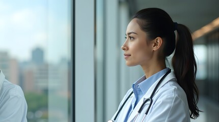 A female Asian doctor in a white coat stands thoughtfully by a window, reflecting a sense of professionalism and dedication.