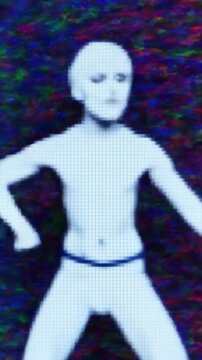 Blurred video still of a humanoid figure in a low-resolution, grainy style. Captured from a low angle, creating an eerie, mysterious atmosphere. Live mobile wallpaper.