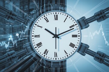 Modern clock and futuristic digital stock market data graph interface concept for business timing.